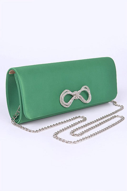 Satin Rhinestone Bow Clutch Bag