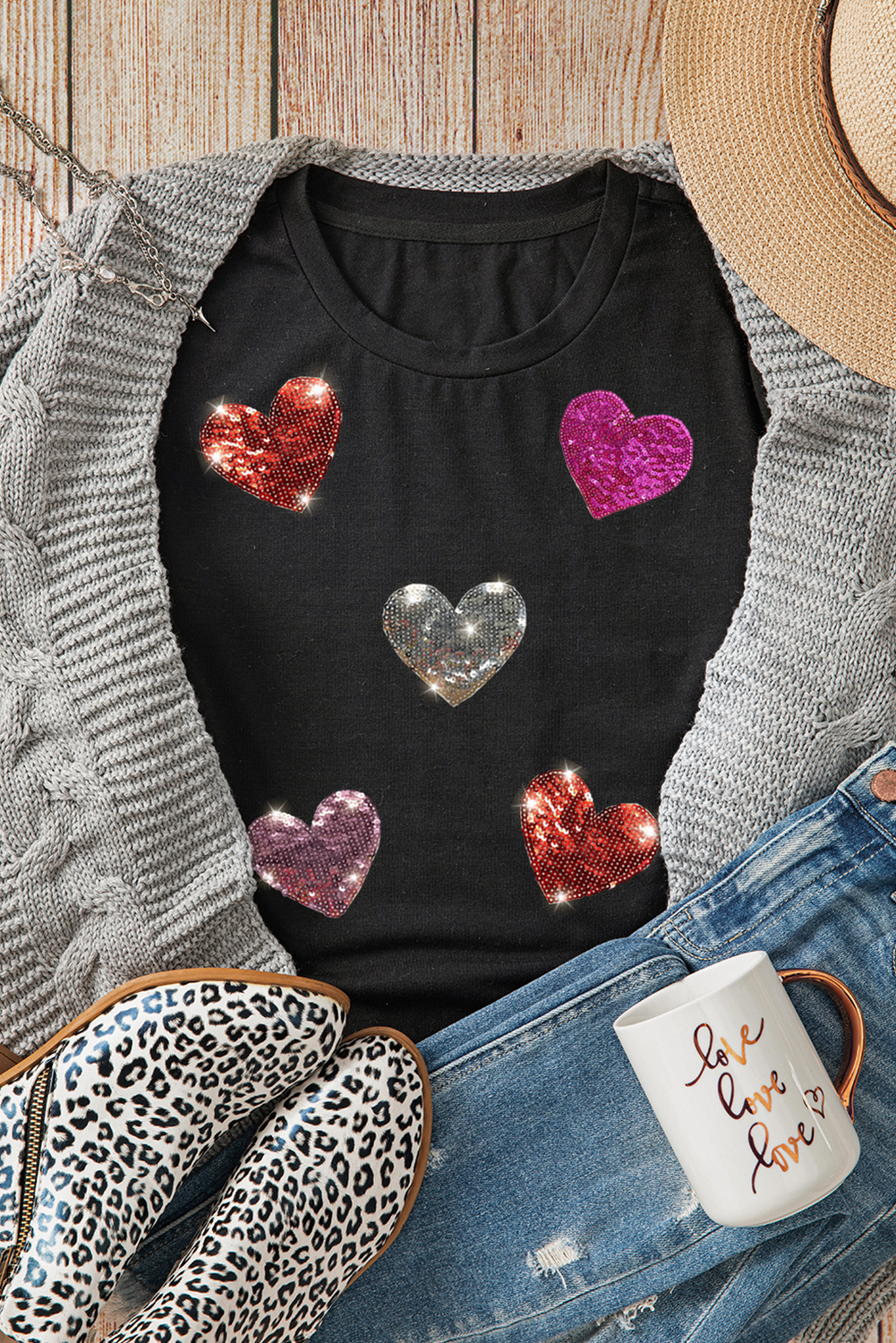  Hearts Sequin Patches Valentines Tee