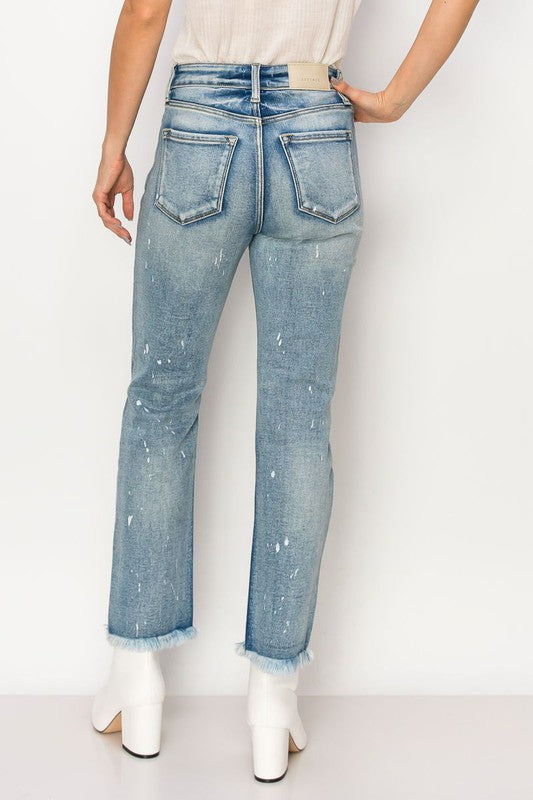 DISTRESSED FRAYED STRAIGHT LEG DENIM