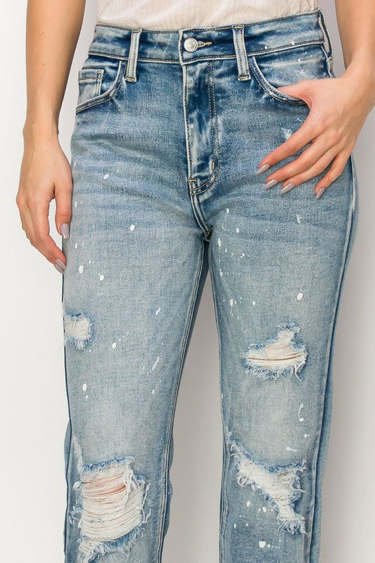 DISTRESSED FRAYED STRAIGHT LEG DENIM