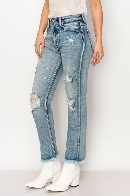 DISTRESSED FRAYED STRAIGHT LEG DENIM