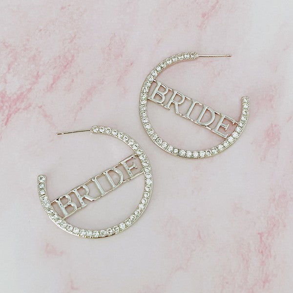 Silver Rhinestone "Bride" Hoop Earrings