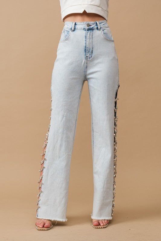 Jewel Side Cut Stretch Denim - Klazzi Fashion Boutique