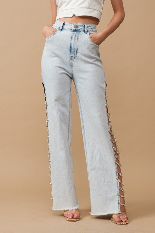 Jewel Side Cut Stretch Denim - Klazzi Fashion Boutique