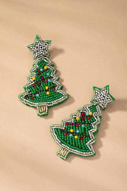 Green Beaded Christmas Tree and Star Earrings