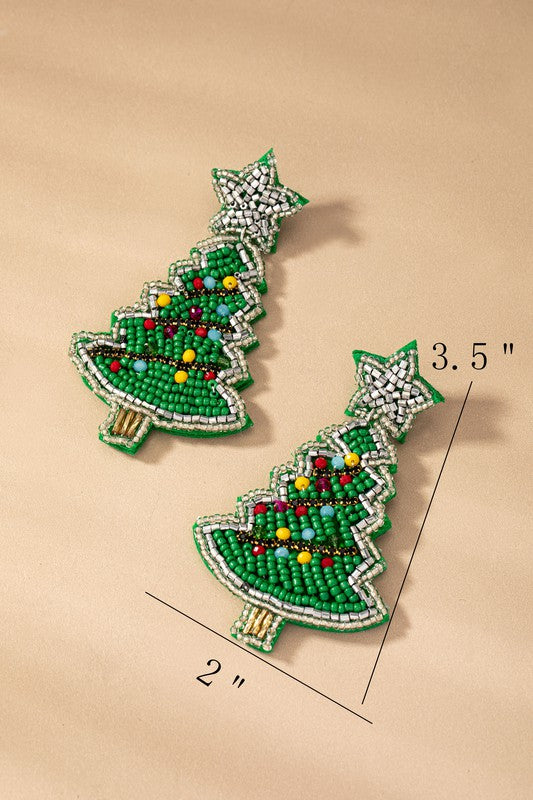 Green Beaded Christmas Tree and Star Earrings