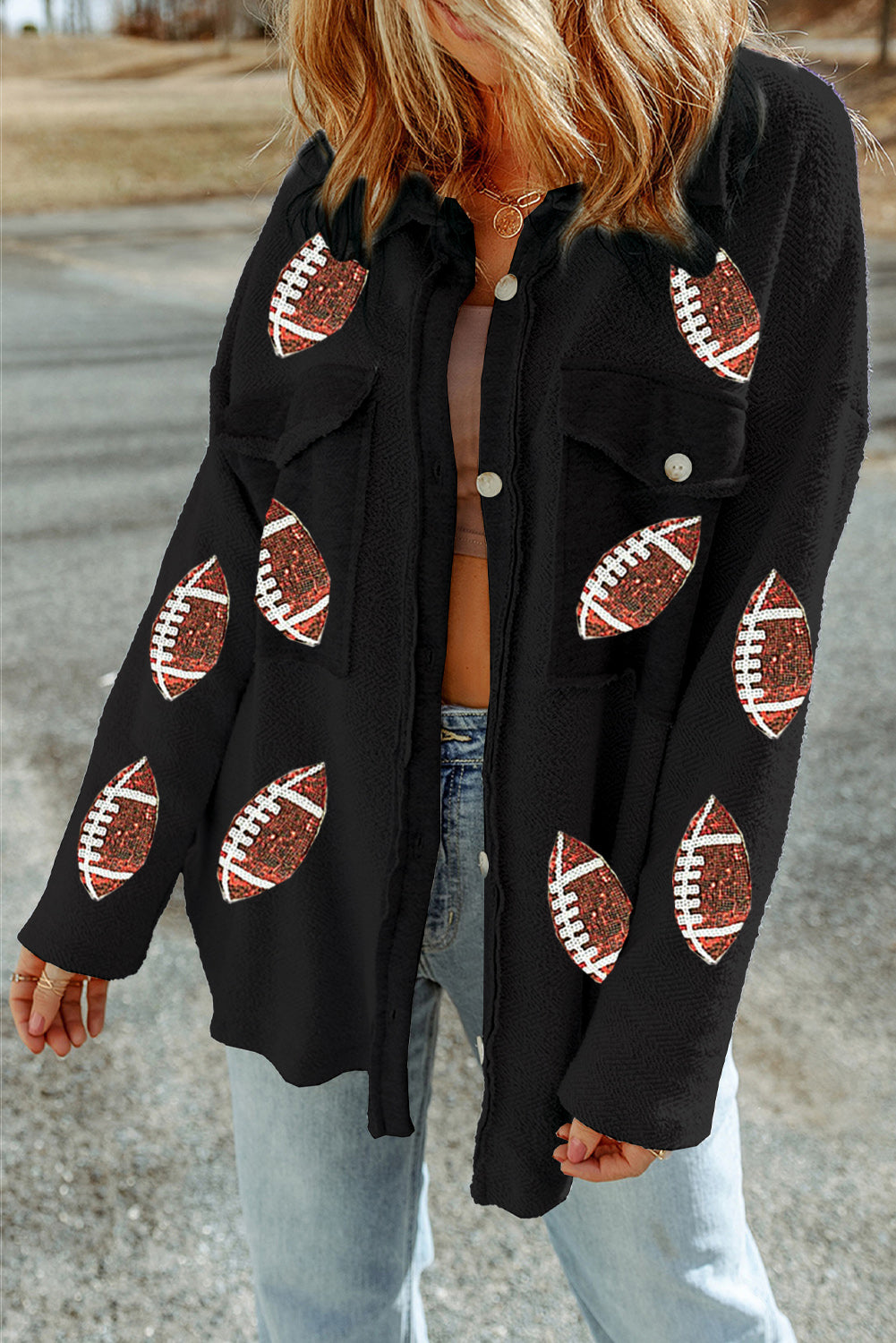 Sequin Sassy Football Buttoned Shacket