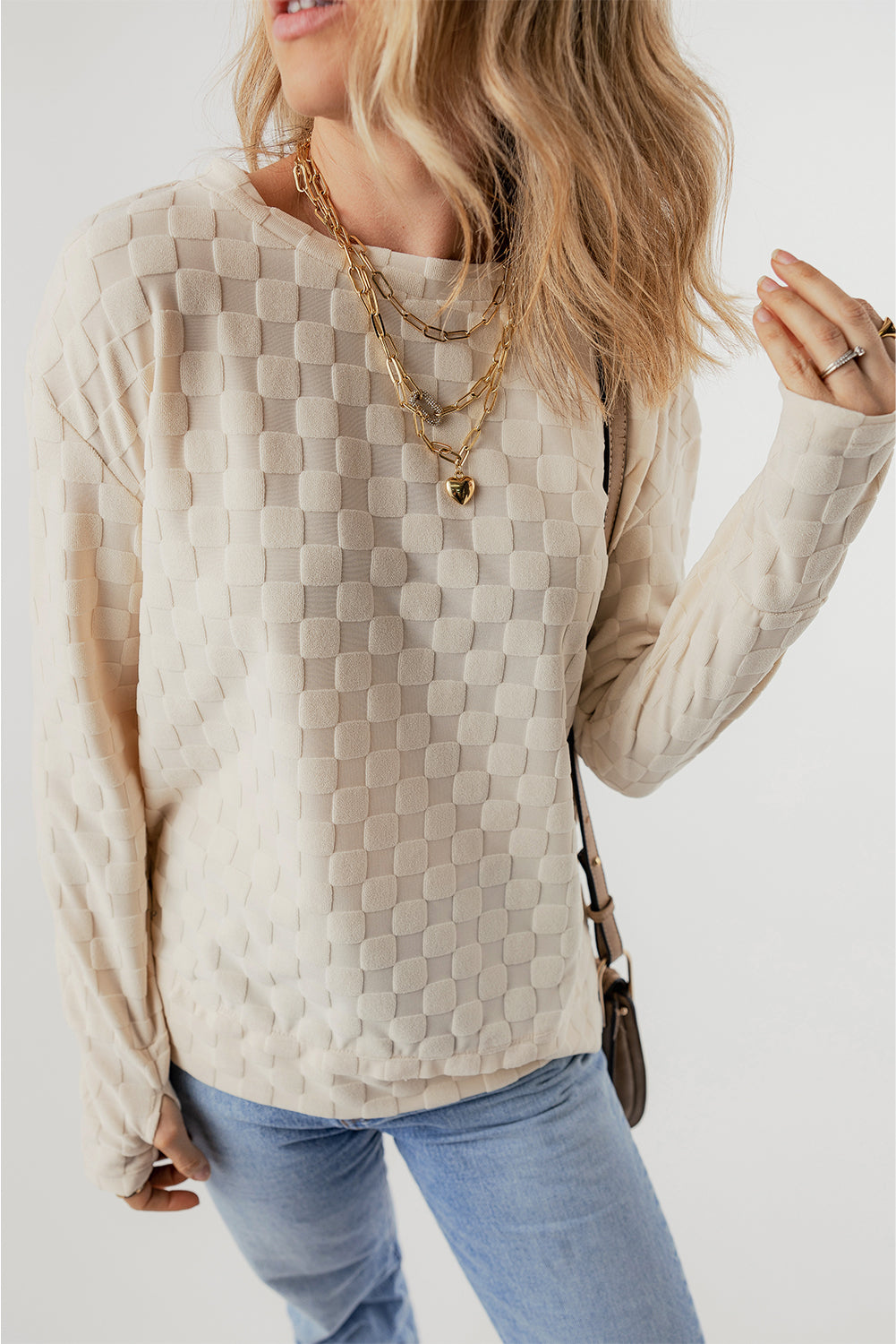 Beige Solid Textured Thumbhole Sleeve Top - Klazzi Fashion Boutique