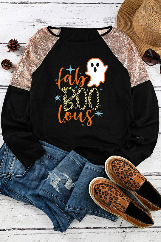 Sequin Fab- Boo- lous Leopard Ghost Long Sleeve Top