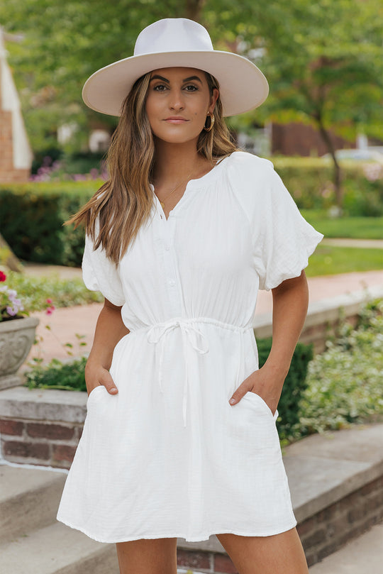 White Drawstring Shirt Dress 