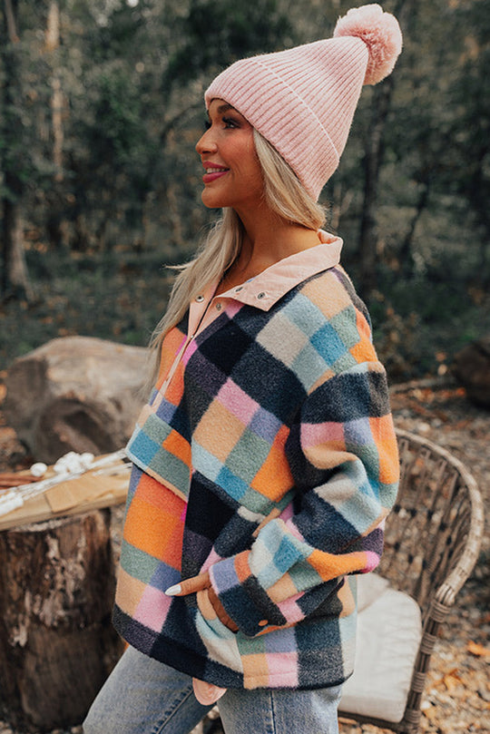 Plaid Multicolor Half Button Sweatshirt