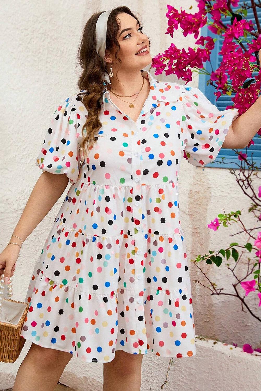 Plus Size Party Pop Polka Dot Buttoned Shirt Dress