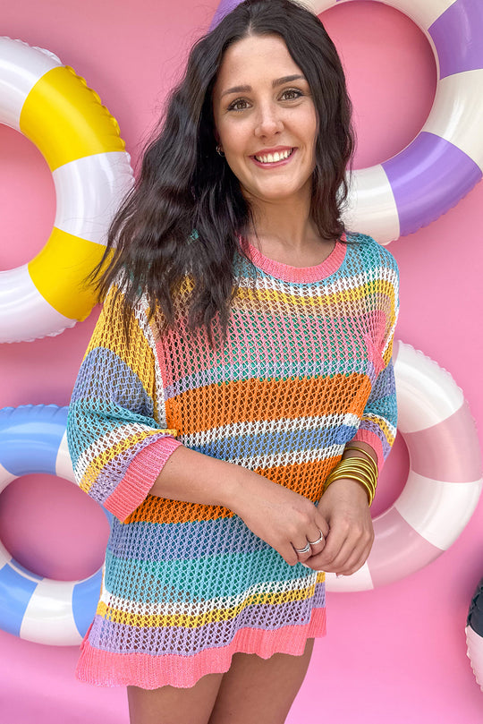 Hollowed Multicolor Pink Stripe Crochet Sweater