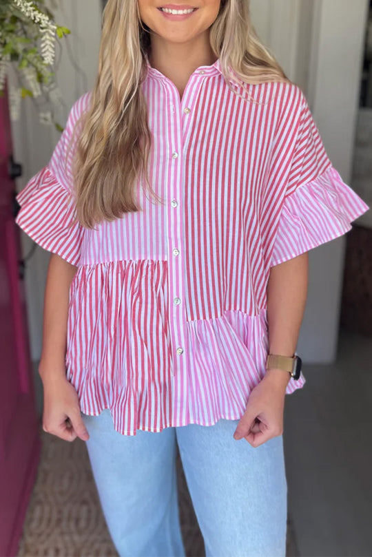 Ruffled Pink Stripe Button Shirt