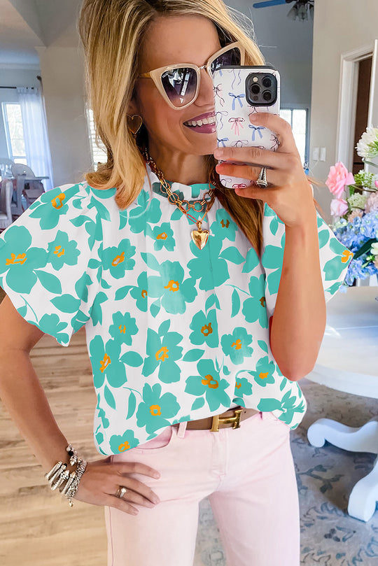 Floral Turquoise Puff Sleeve Blouse