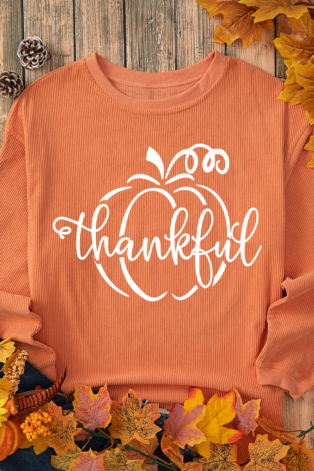 Orange Pumpkin "Thankful" Corduroy Graphic Sweatshirt