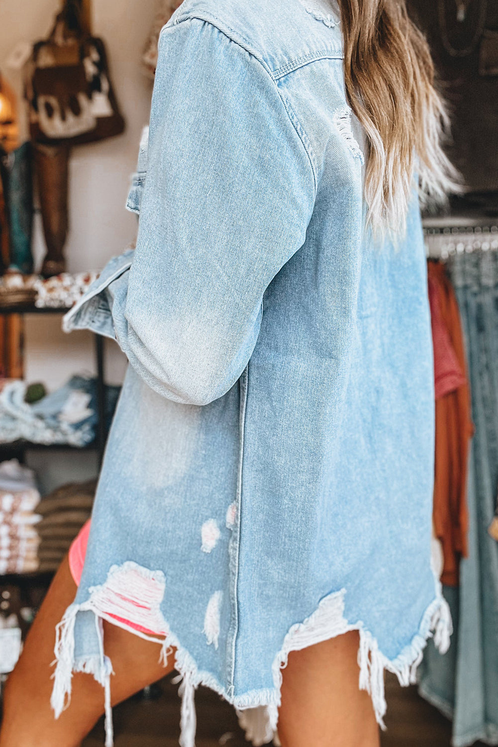 Light Distressed Frayed Long Denim Jacket