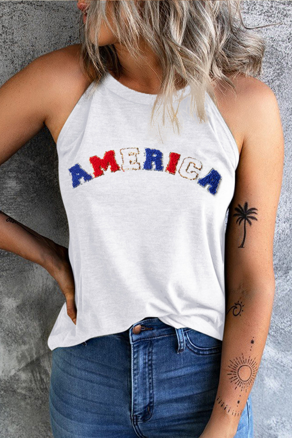 White "AMERICA" Chenille Graphic Tank Top