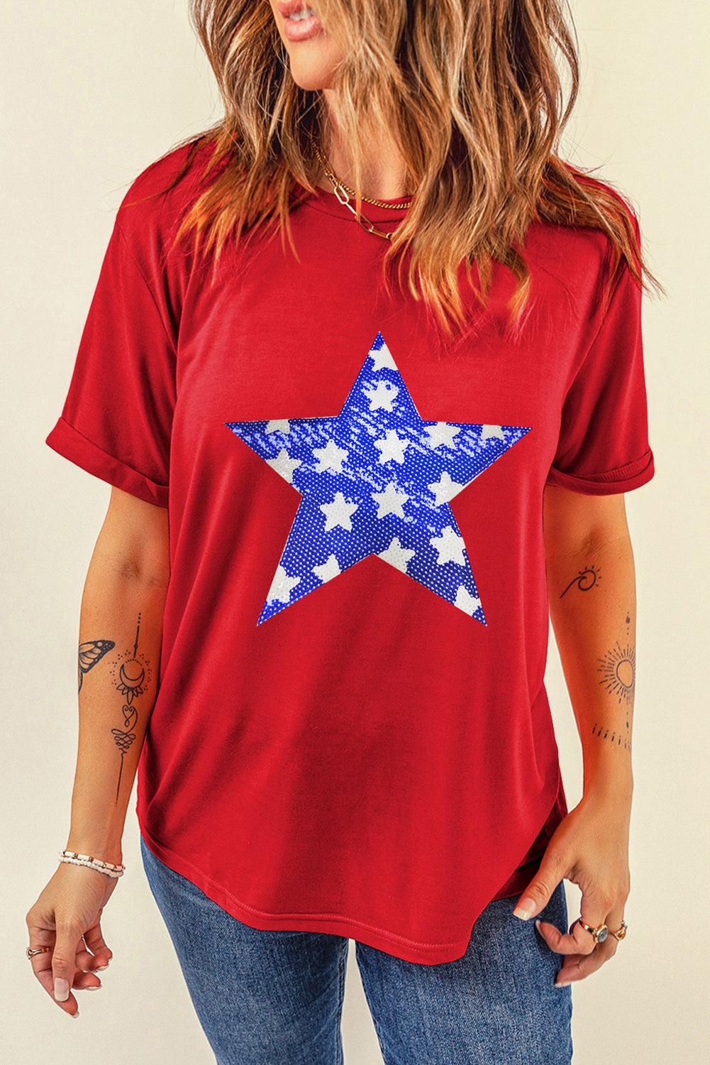 Blue Bougie Sequin Star Graphic T Shirt