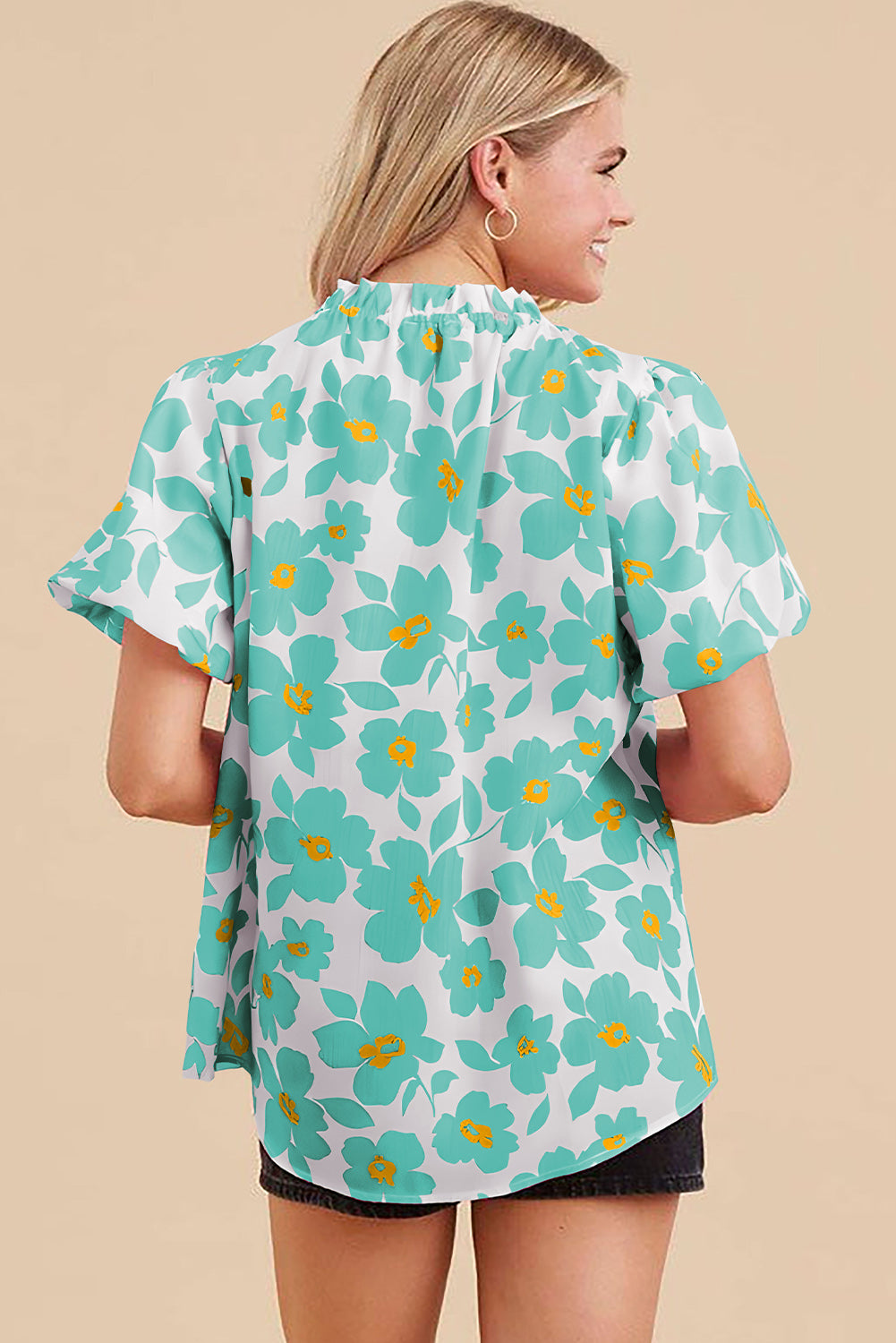 Floral Turquoise Puff Sleeve Blouse