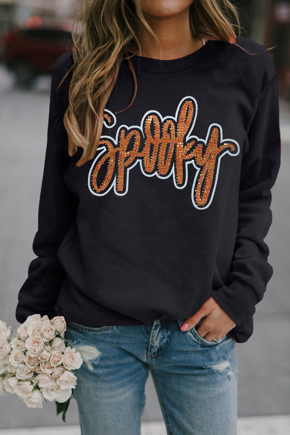 Orange "Spooky" Rhinestone Graphic Sweatshirt