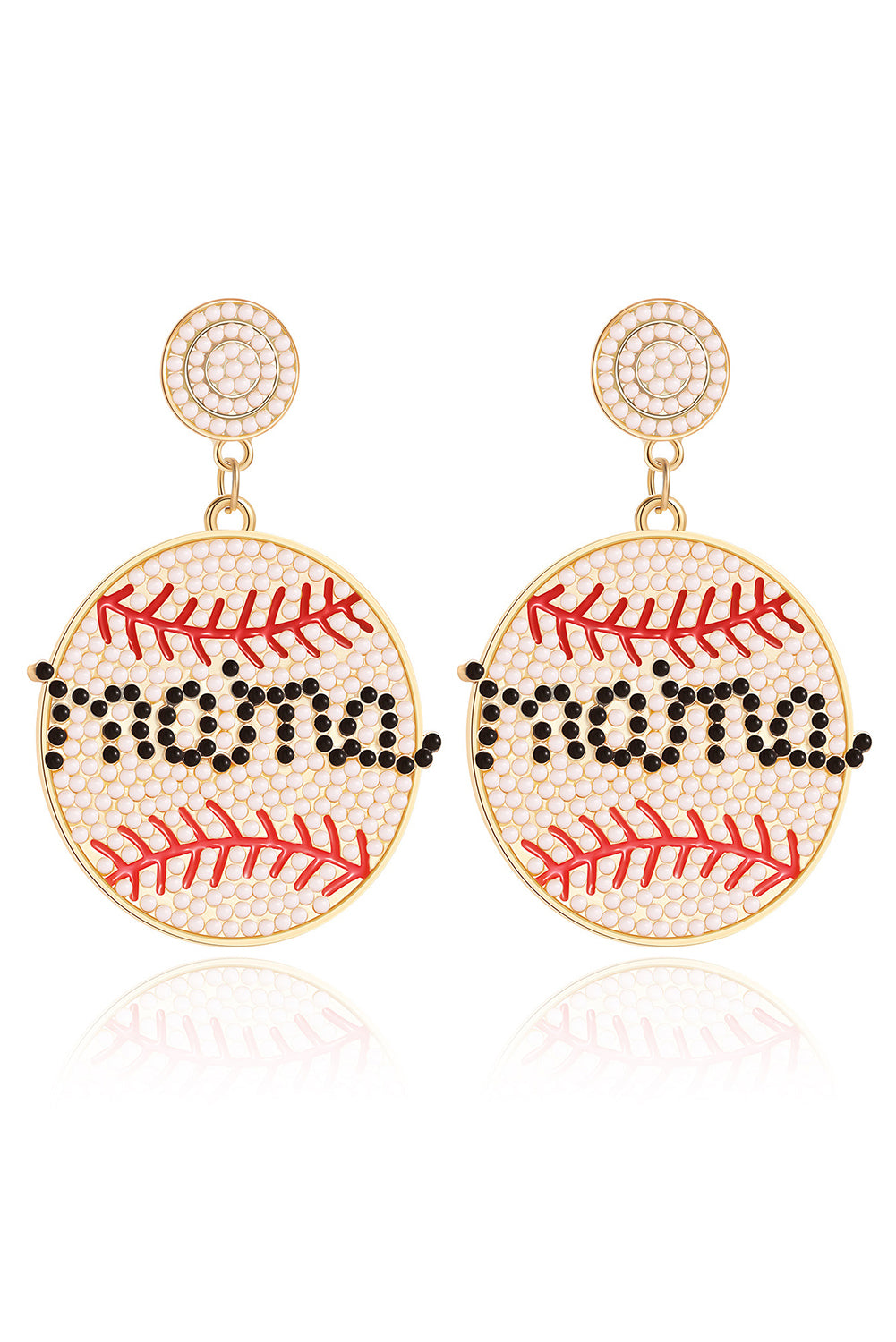 White "Mama" Beaded Baseball Shape Earrings