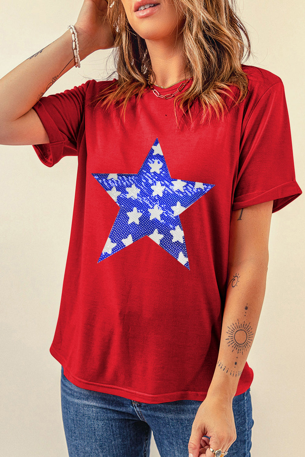 Blue Bougie Sequin Star Graphic T Shirt