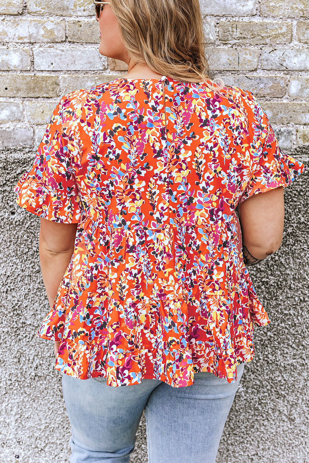 Orange Ruffled Floral Babydoll Blouse