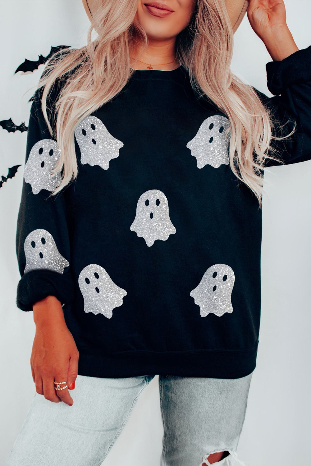 Glitter Ghost Pattern Halloween Sweatshirt