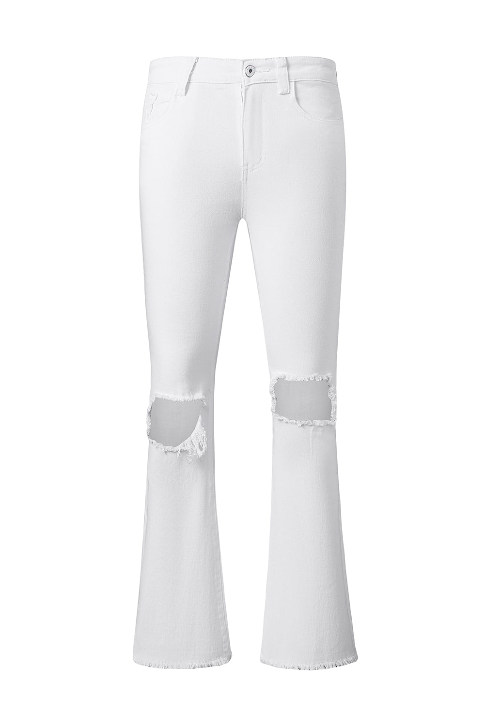 White Distressed Frayed Flare Denim Jeans - Klazzi Fashion Boutique