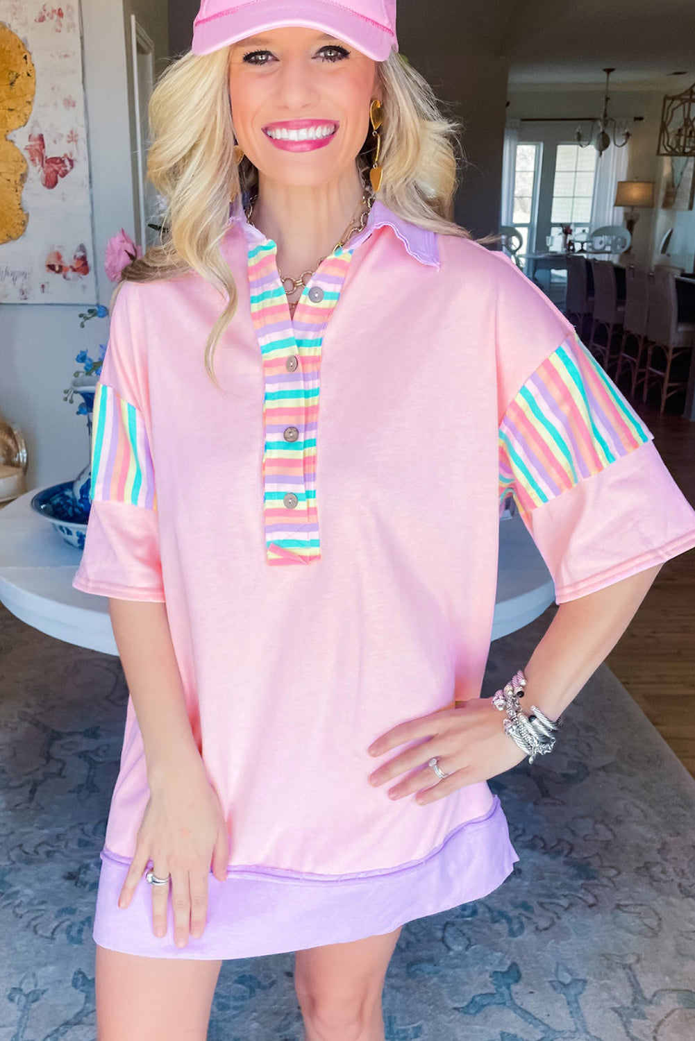 Pink Multicolor Rainbow Stripe T Shirt Dress