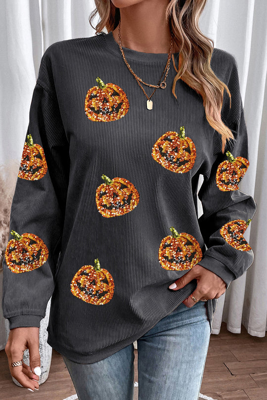 Halloween Bougie Sequined Pumpkin Corduroy Baggy Sweatshirt