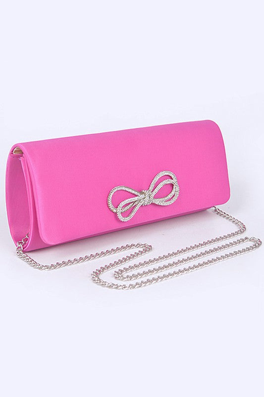 Satin Rhinestone Bow Clutch Bag