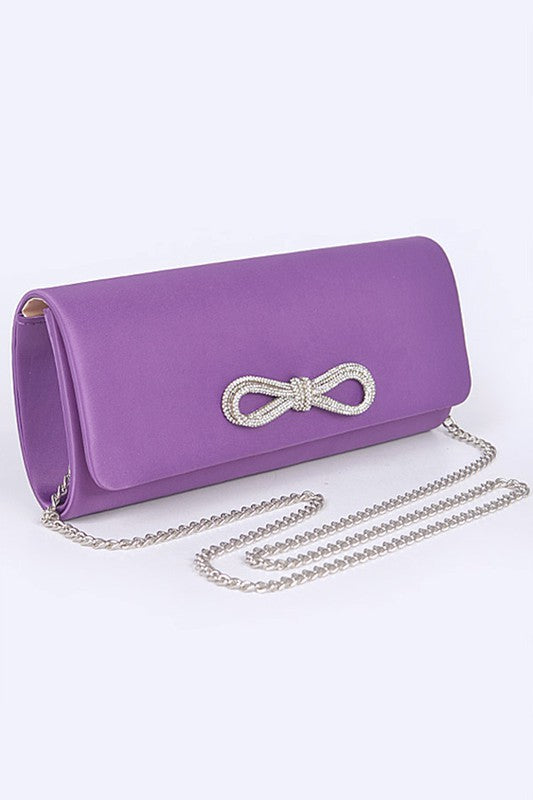 Satin Rhinestone Bow Clutch Bag