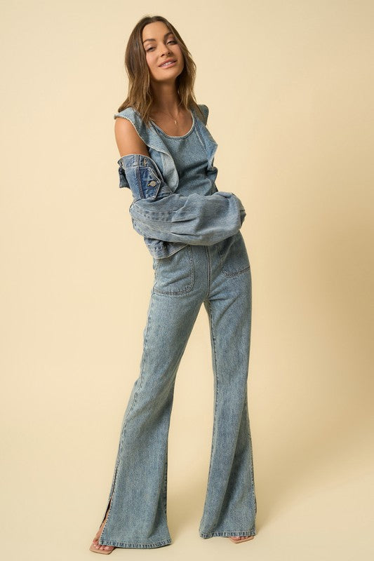 Denim Ruffled Backless Jumper - Klazzi Fashion Boutique