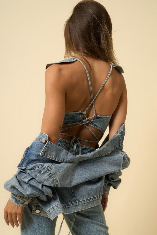 Denim Ruffled Backless Jumper - Klazzi Fashion Boutique