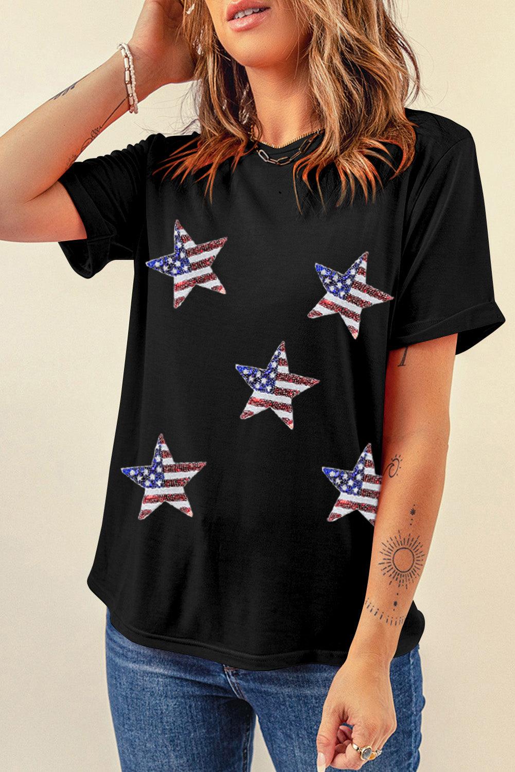 White Sequined American Flag Star Graphic T Shirt