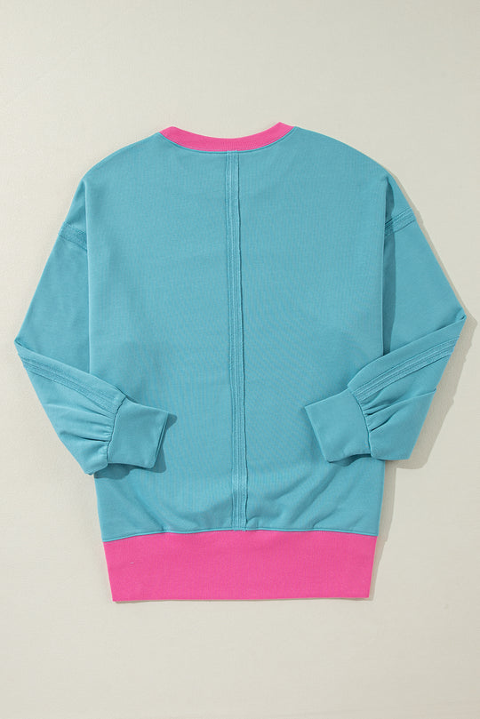 Aqua Blue and Pink Patchwork Loose Sweatshirt