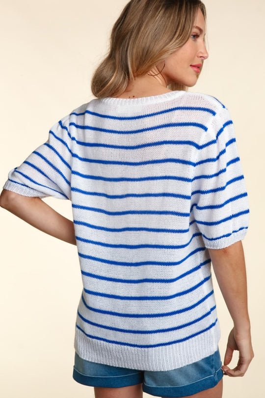 Red "American" Embroidery Striped Knit Blouse