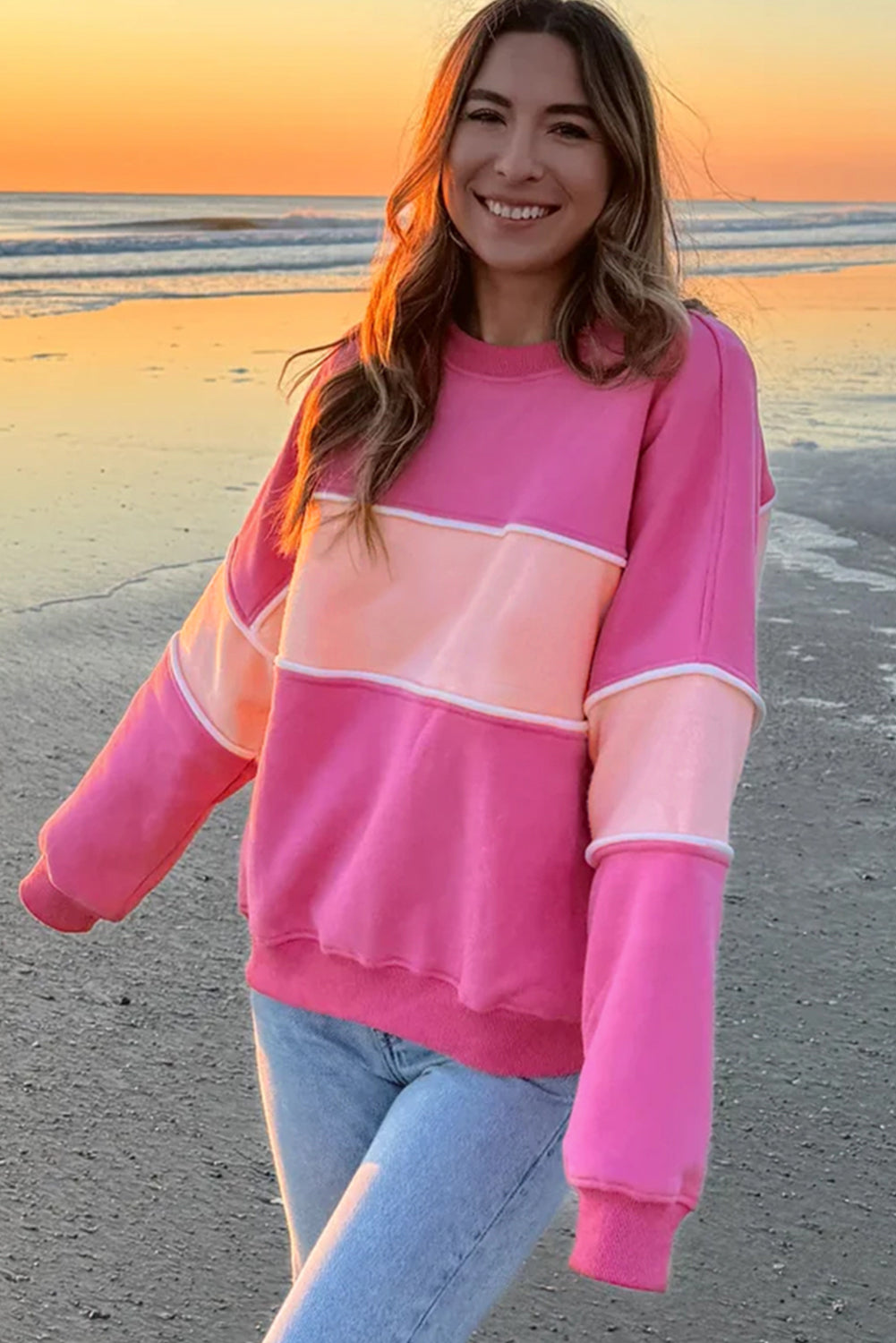  Pink Two-Toned Drop Shoulder Ribbed Trim Sweatshirt