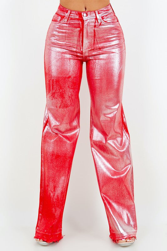 Metallic Wide Leg Jean in Red - Klazzi Fashion Boutique