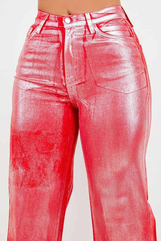 Metallic Wide Leg Jean in Red - Klazzi Fashion Boutique