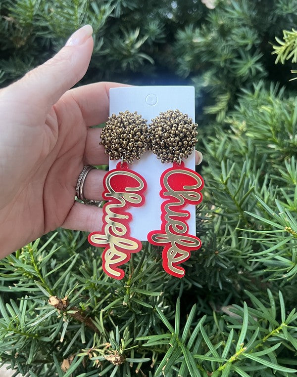 Kansas Chiefs Pom Pom Gold Football Earrings