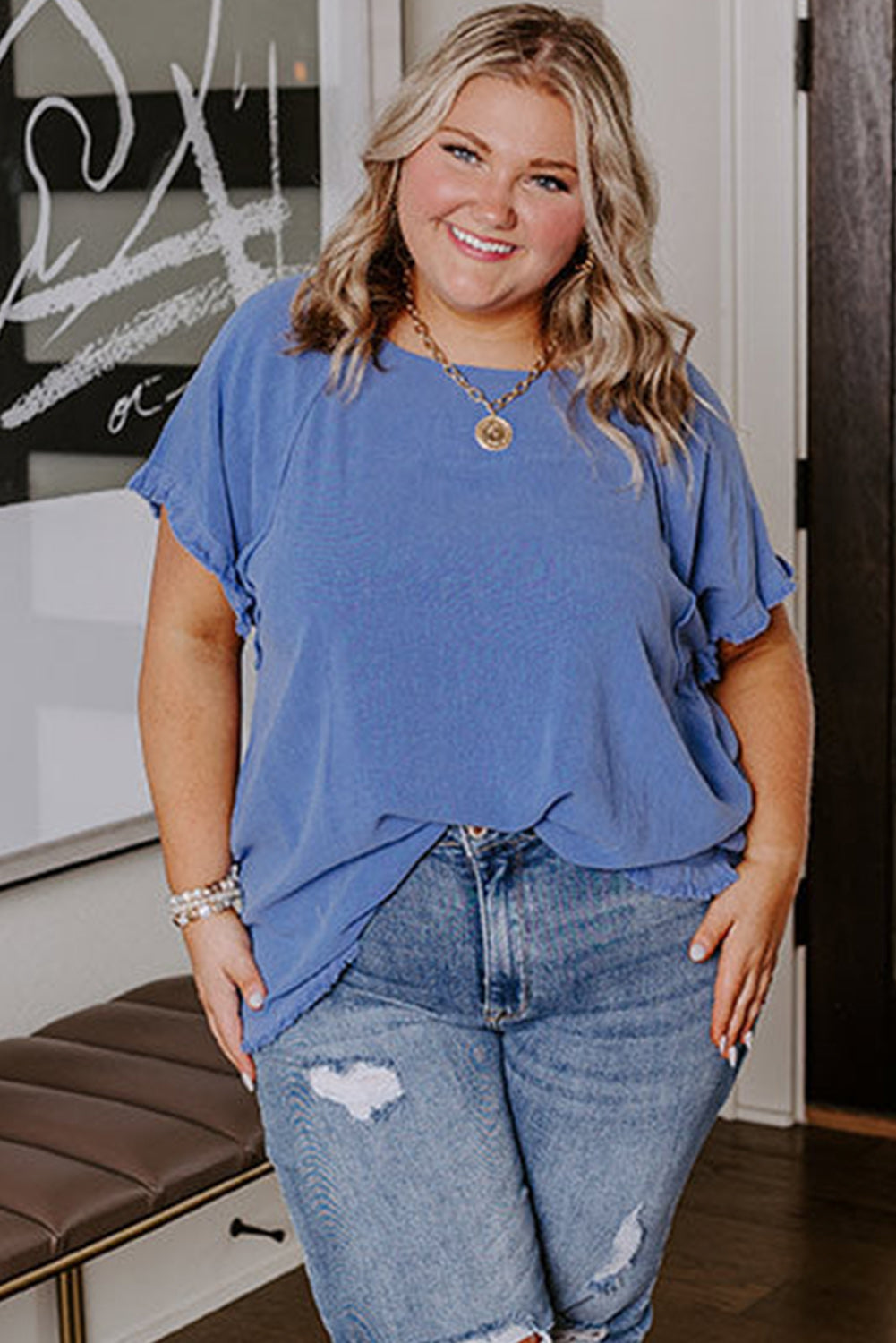 Alannah Plus Size Blue Frayed Blouse