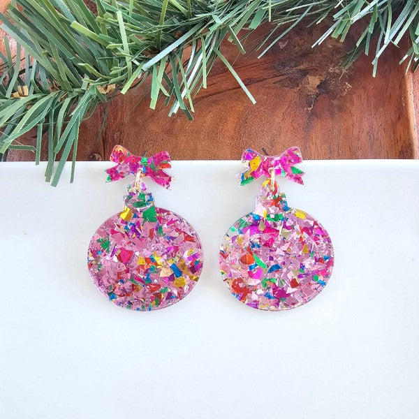 Christmas Light Pink Sparkle Ornament Earrings