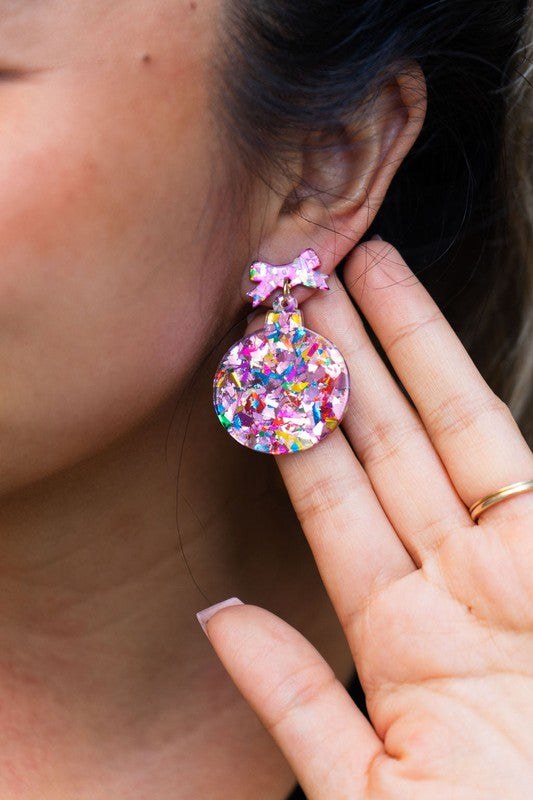 Christmas Light Pink Sparkle Ornament Earrings