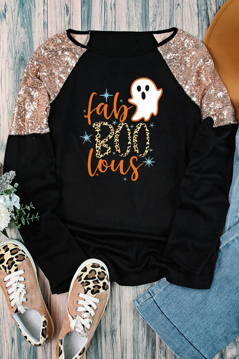 Sequin Fab- Boo- lous Leopard Ghost Long Sleeve Top