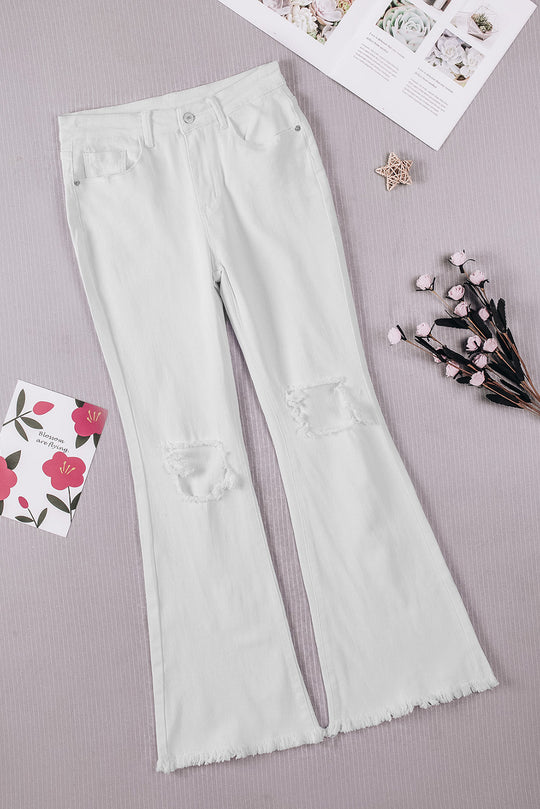 White Distressed Frayed Flare Denim Jeans - Klazzi Fashion Boutique