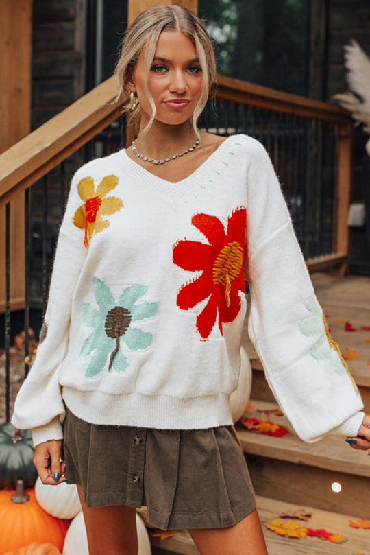 Coffee Big Flower Pattern V Neck Drop Shoulder Sweater