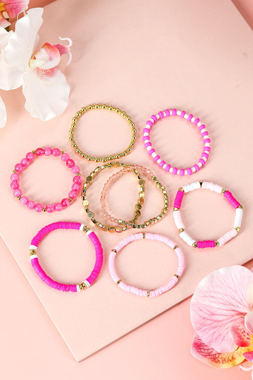 Pink 8pcs Valentine Beaded Elastic Bracelet Set